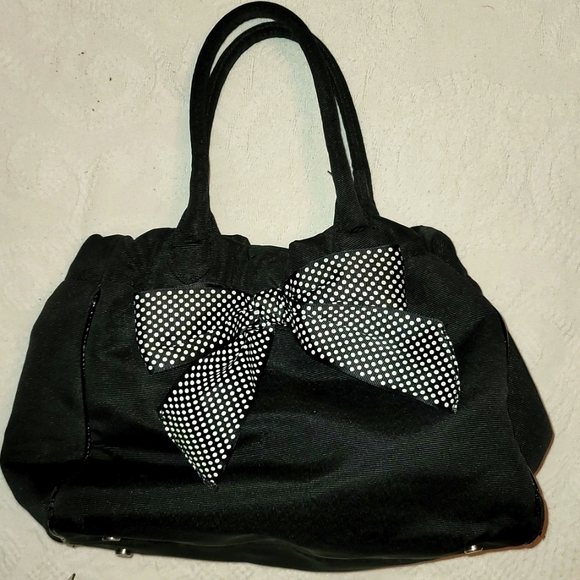 3/$25 Talbots purse, hand bag, black canvas big polka dot bow on front - Picture 10 of 10